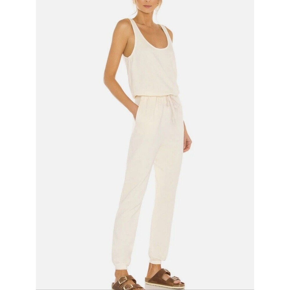 Venus Soft Cream Sleeveless Drawstring Waist Relaxed Fit Jumpsuit, XS